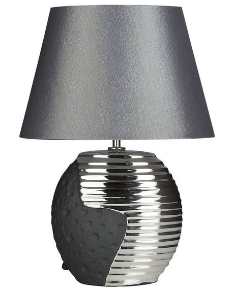 Table Lamp Silver Ceramic Base Fabric Drum Shade Bedside Table Lamp Beliani