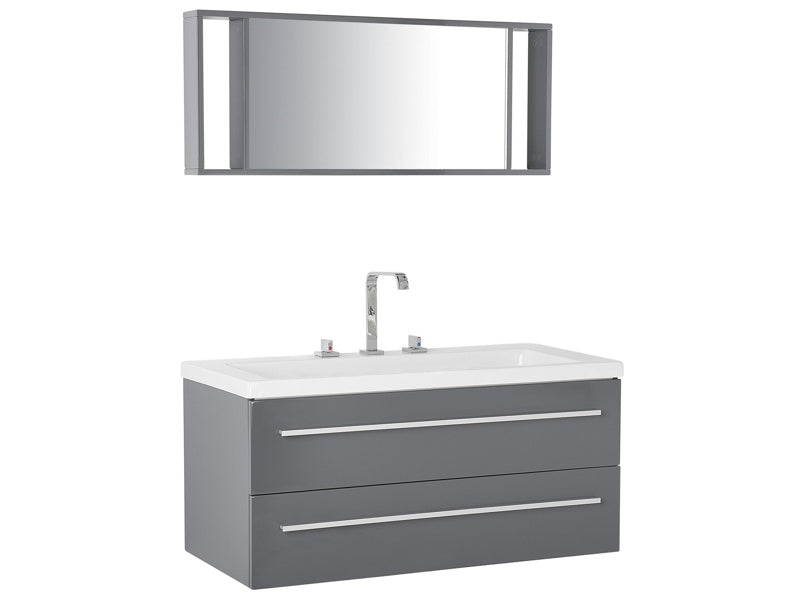 Bathroom Vanity Unit Grey and Silver 2 Drawers Mirror Modern Beliani