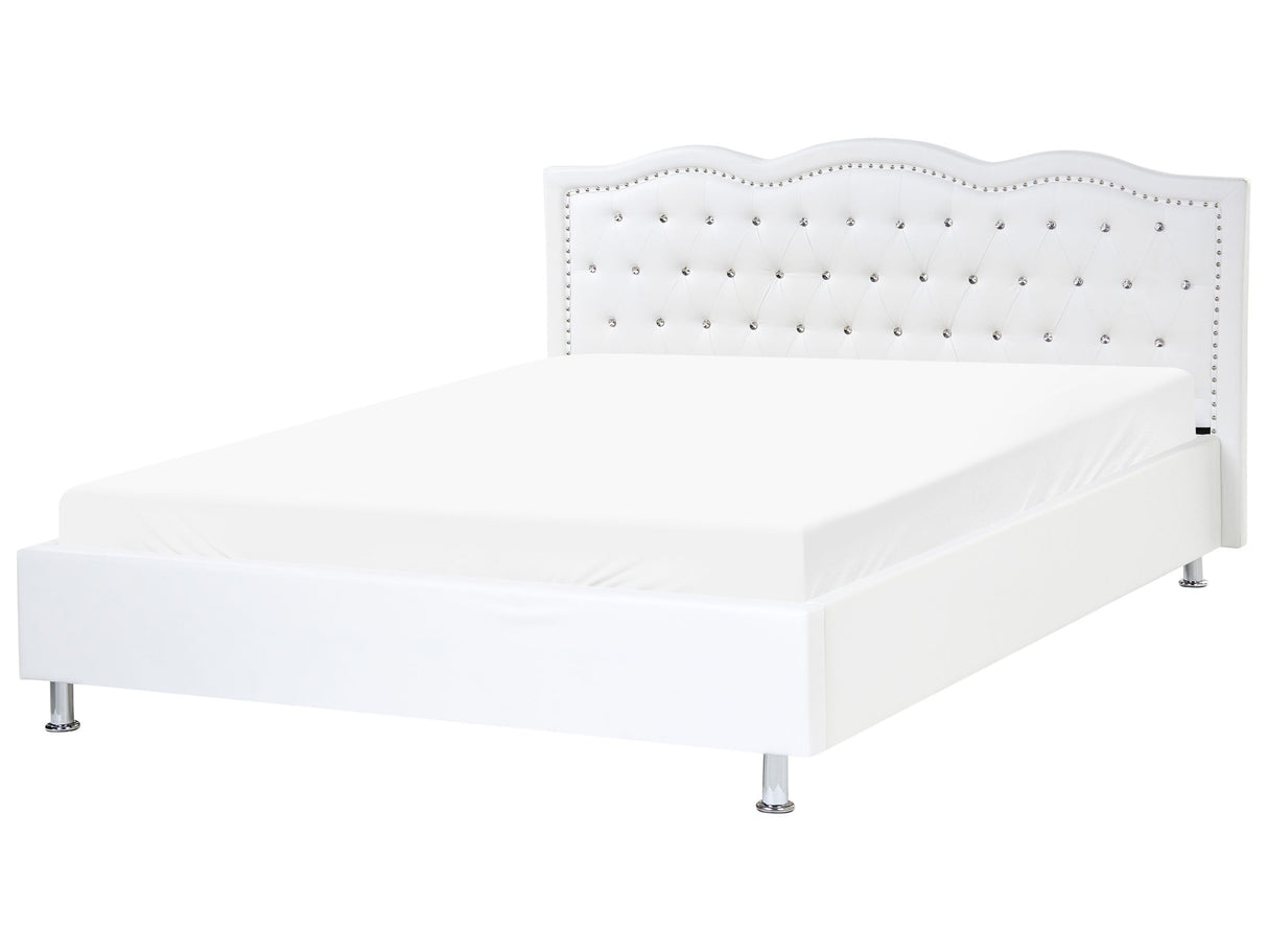 EU King Size Bed White Faux Leather 5ft3 Upholstered Frame Nailhead Trim Crystal Buttons Headrest Beliani