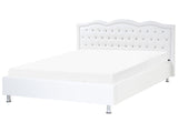EU King Size Bed White Faux Leather 5ft3 Upholstered Frame Nailhead Trim Crystal Buttons Headrest Beliani