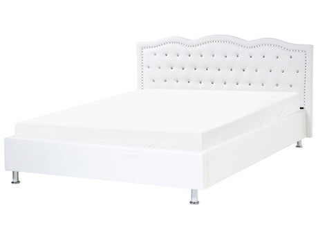 EU King Size Bed White Faux Leather 5ft3 Upholstered Frame Nailhead Trim Crystal Buttons Headrest Beliani
