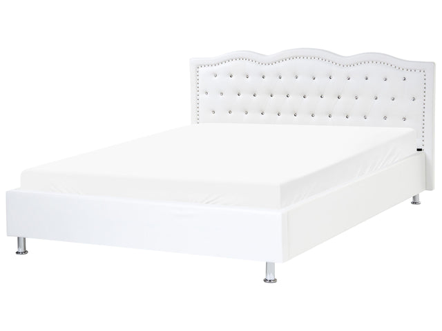 EU King Size Bed White Faux Leather 5ft3 Upholstered Frame Nailhead Trim Crystal Buttons Headrest Beliani
