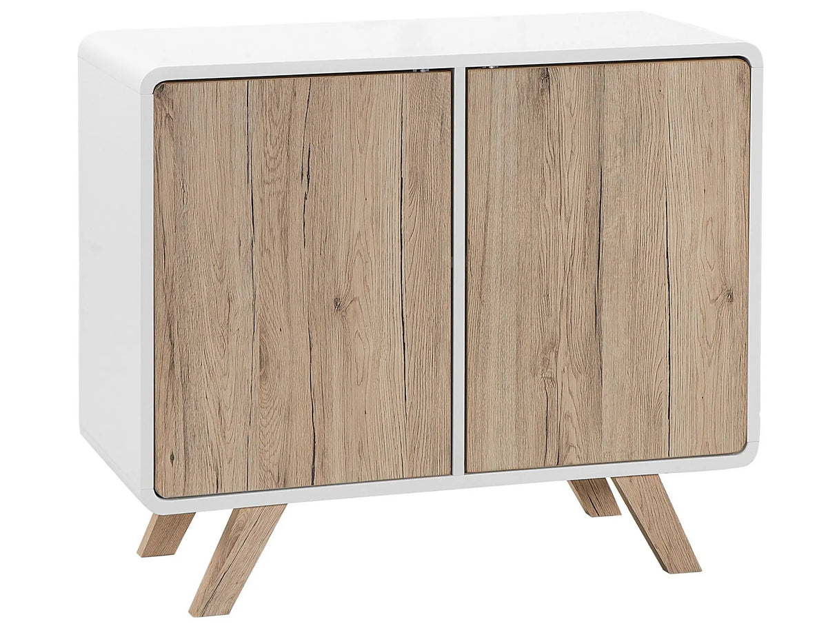 Sideboard Light Wood Veneer and White 76 x 90 x 40 cm with Pine Wood Legs 2 Doors Beliani