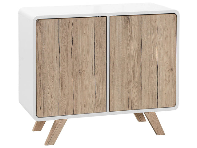 Sideboard Light Wood Veneer and White 76 x 90 x 40 cm with Pine Wood Legs 2 Doors Beliani