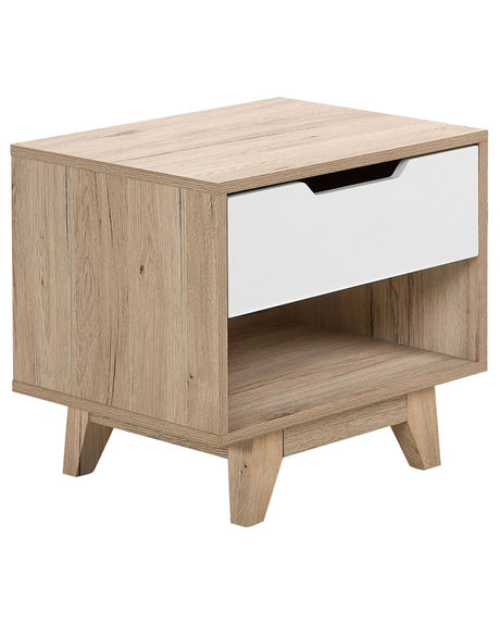 Bedside Table Nightstand Light Wood with White 1 Drawer Open Shelf Bedroom Beliani