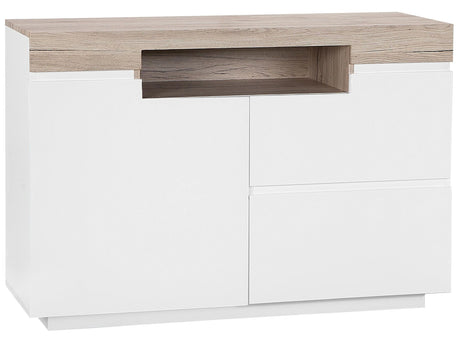 Sideboard White and Light Wood Veneer 75 x 110 x 40 cm with Cabinet and 2 Drawers Beliani