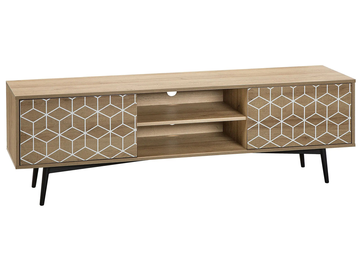 TV Stand Light Wood Veneer for up to 60 TV with 2 Cabinets and Open Shelf Media Unit Beliani