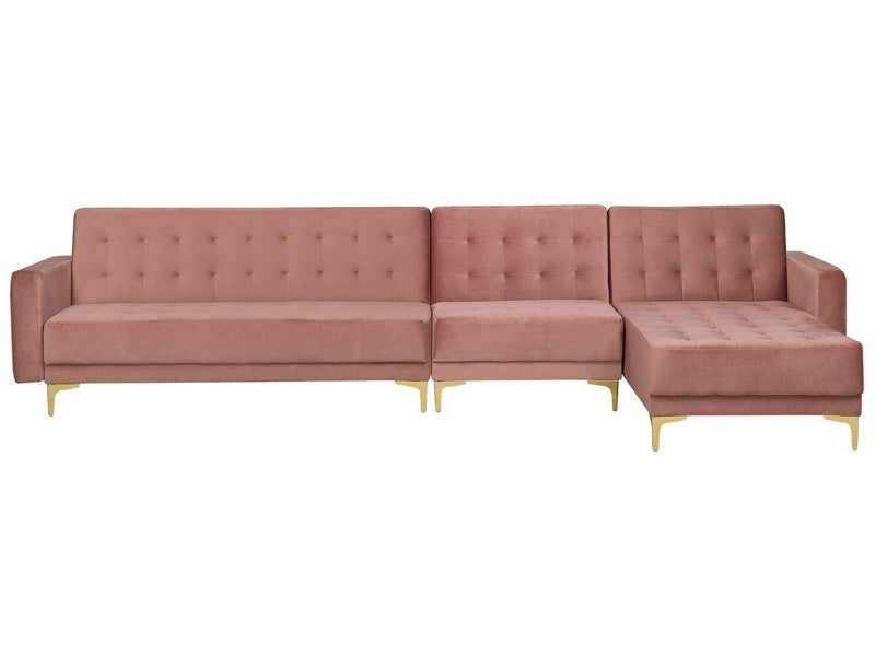 Corner Sofa Bed Pink Velvet Tufted Fabric Modern L-Shaped Modular 5 Seater Left Hand Chaise Longue Beliani