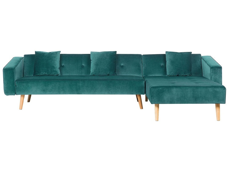 Corner Sofa Bed with 3 Pillows Green Velvet Upholstery Light Wood Legs Reclining Left Hand Chaise Longue 4 Seater Beliani