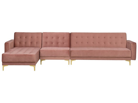 Corner Sofa Bed Pink Velvet Tufted Fabric Modern L-Shaped Modular 5 Seater Left Hand Chaise Longue Beliani