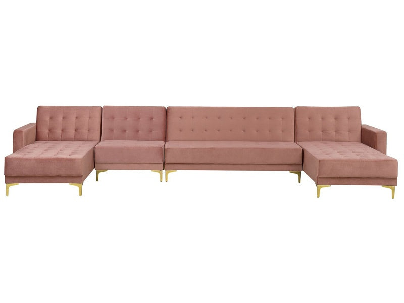 Corner Sofa Bed Pink Velvet Tufted Fabric Modern U-Shaped Modular 6 Seater with Chaise Lounges Beliani