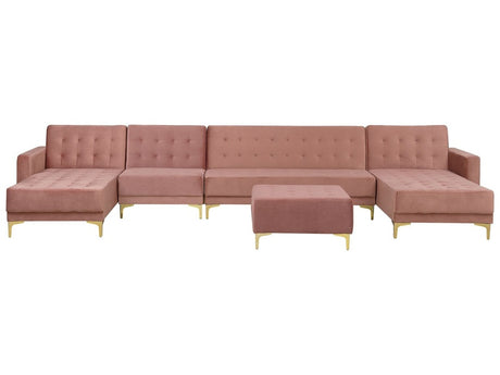 Corner Sofa Bed Pink Velvet Tufted Fabric Modern U-Shaped Modular 6 Seater with Ottoman Chaise Lounges Beliani