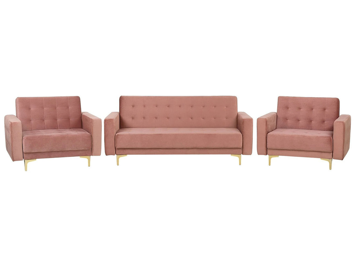Living Room Set Pink Velvet Tufted Fabric 3 Seater Sofa Bed 2 Reclining Armchairs Modern 3-Piece Suite Beliani