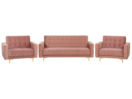 Living Room Set Pink Velvet Tufted Fabric 3 Seater Sofa Bed 2 Reclining Armchairs Modern 3-Piece Suite Beliani