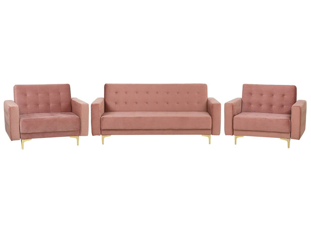 Living Room Set Pink Velvet Tufted Fabric 3 Seater Sofa Bed 2 Reclining Armchairs Modern 3-Piece Suite Beliani