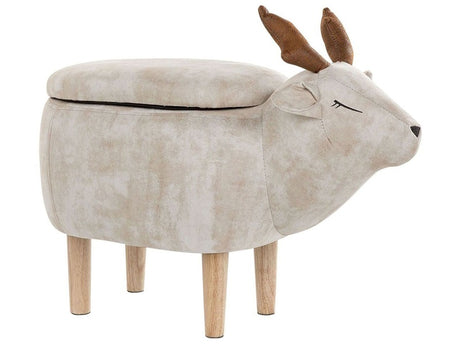 Animal Reindeer Children Stool Beige Polyester Fabric Upholstered Wooden Legs Storage Function Nursery Footstool Beliani