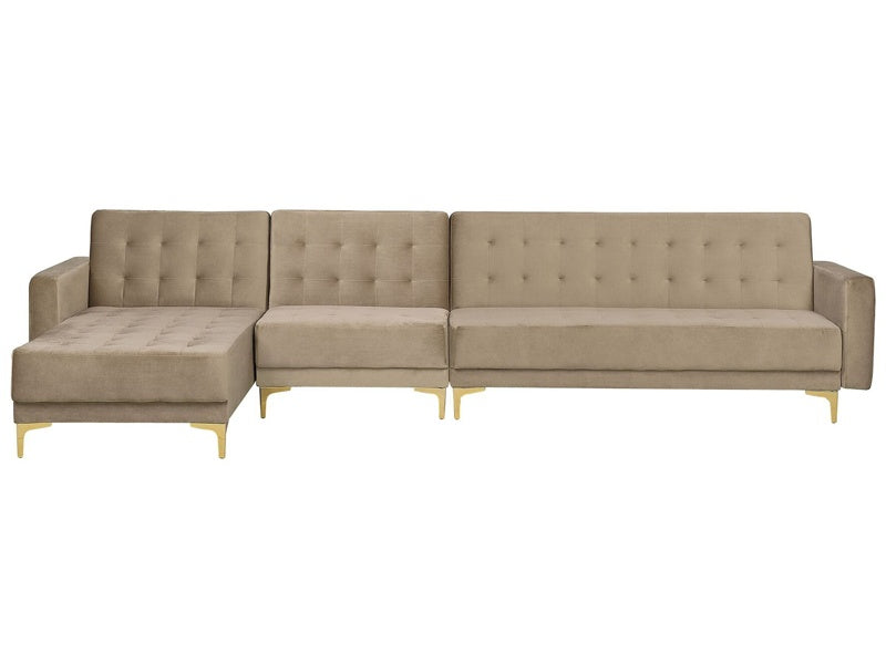 Corner Sofa Bed Beige Velvet Tufted Fabric Modern L-Shaped Modular 5 Seater Right Hand Chaise Longue Beliani