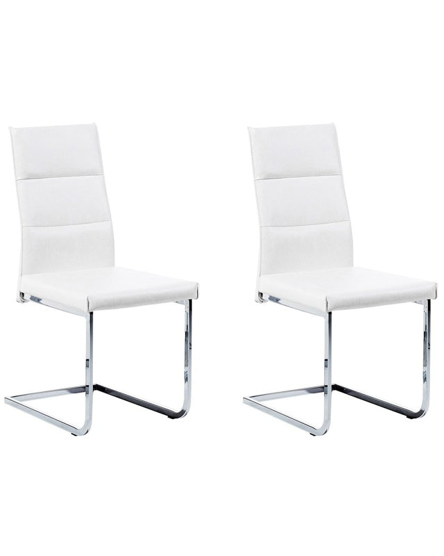 Set of 2 Dining Chairs White Faux Leather Upholstered Cantilever Silver Legs Armless Modern Design Beliani