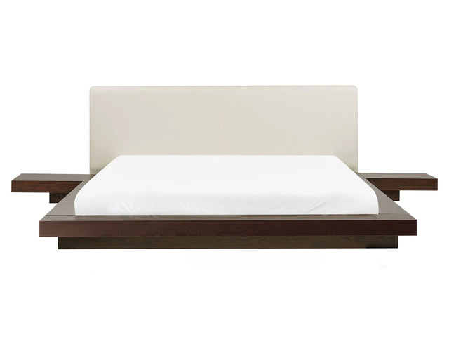Japan Bed Frame Dark Ash Wood EU King Size 5ft3 Wood Veneer MDF Faux Leather Headboard Low Profile Bedroom Beliani