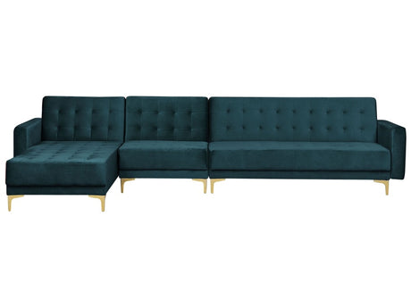 Corner Sofa Bed Teal Velvet Tufted Fabric Modern L-Shaped Modular 5 Seater Right Hand Chaise Longue Beliani