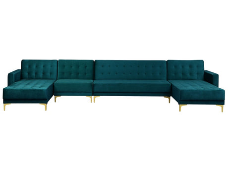 Corner Sofa Bed Teal Velvet Tufted Fabric Modern U-Shaped Modular 6 Seater Chaise Lounges Beliani