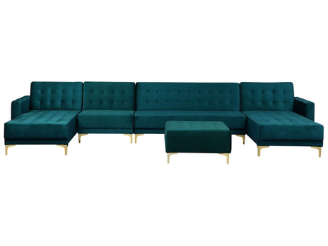 Corner Sofa Bed Teal Velvet Tufted Fabric Modern U-Shaped Modular 6 Seater with Ottoman Chaise Lounges Beliani