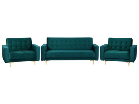 Living Room Set Teal Velvet Tufted Fabric 3 Seater Sofa Bed 2 Reclining Armchairs Modern 3-Piece Suite Beliani