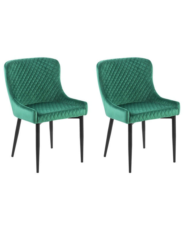 Set of 2 Dining Chairs Green Velvet Upholstered Quilted Beliani