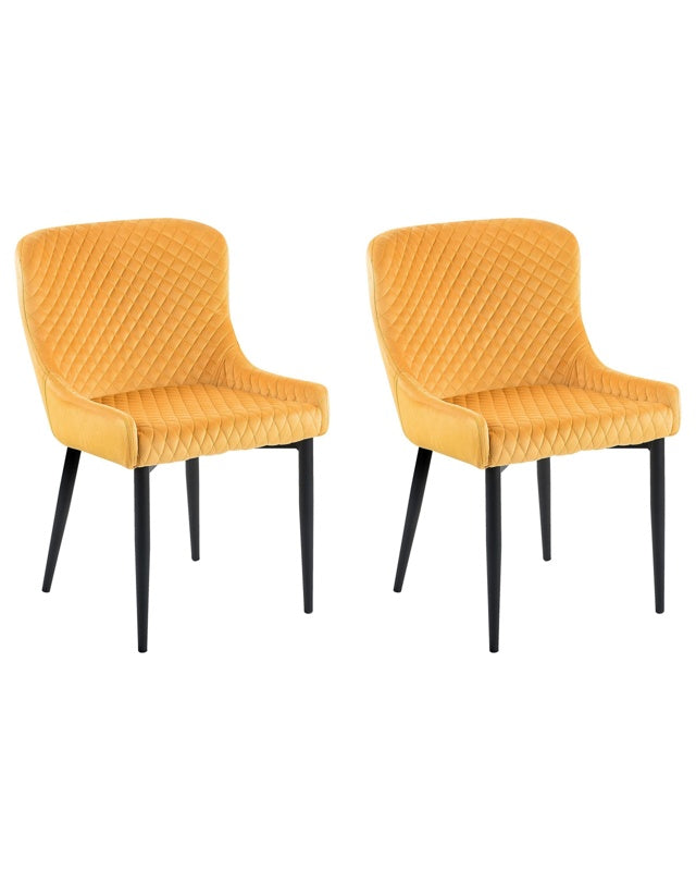 Set of 2 Dining Chairs Yellow Velvet Upholstered Quilted Beliani