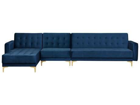 Corner Sofa Bed Navy Blue Velvet Tufted Fabric Modern L-Shaped Modular 5 Seater Right Hand Chaise Longue Beliani