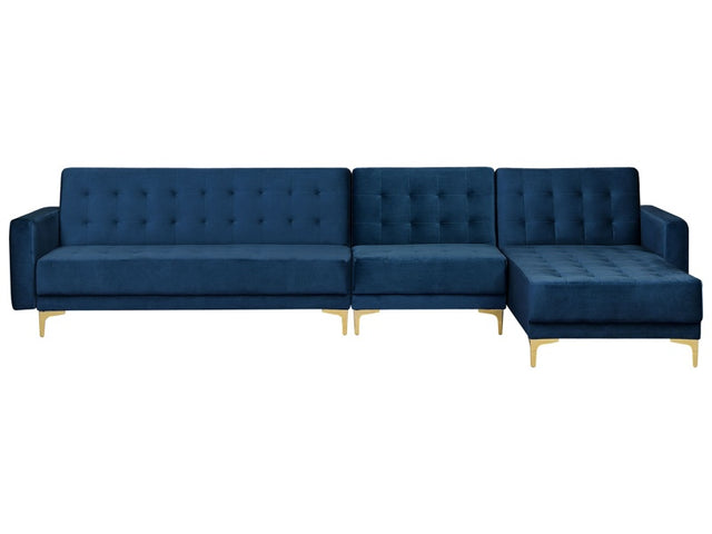 Corner Sofa Bed Navy Blue Velvet Tufted Fabric Modern L-Shaped Modular 5 Seater Left Hand Chaise Longue Beliani