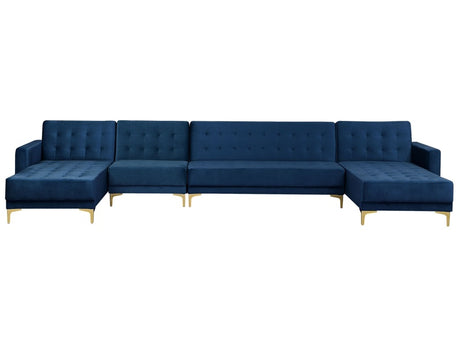 Corner Sofa Bed Navy Blue Velvet Tufted Fabric Modern U-Shaped Modular 6 Seater Chaise Lounges Beliani