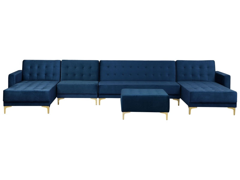 Corner Sofa Bed Navy Blue Velvet Tufted Fabric Modern U-Shaped Modular 6 Seater with Ottoman Chaise Lounges Beliani