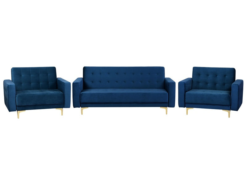 Living Room Set Navy Blue Velvet Tufted Fabric 3 Seater Sofa Bed 2 Reclining Armchairs Modern 3-Piece Suite Beliani