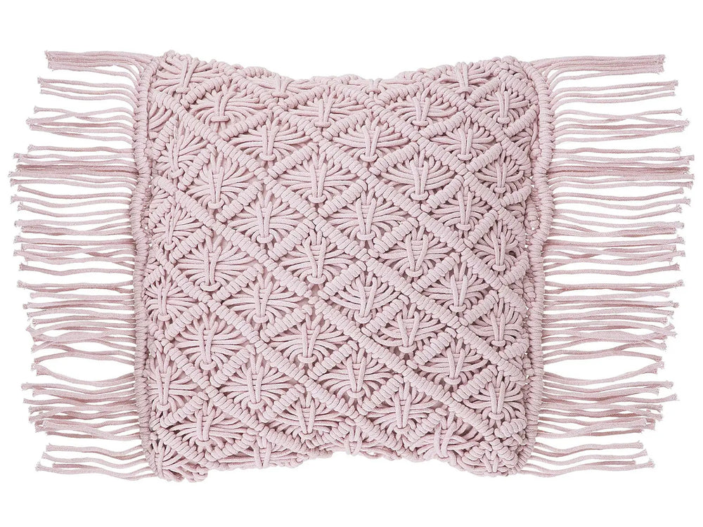 Decorative Cushion Pink Cotton Macram 40 x 40 cm with Tassels Rope Boho Retro Decor Accessories Beliani