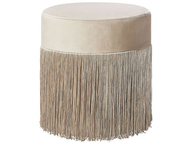 Round Velvet Beige Ottoman Pouffe Footstool Glam with Tassels Beliani