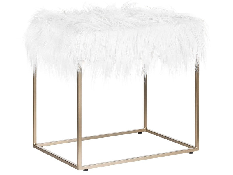 Faux Fur Footstool White with Gold Metal Base Faux Sheepskin Dressing Table Stool Glam Modern  Beliani