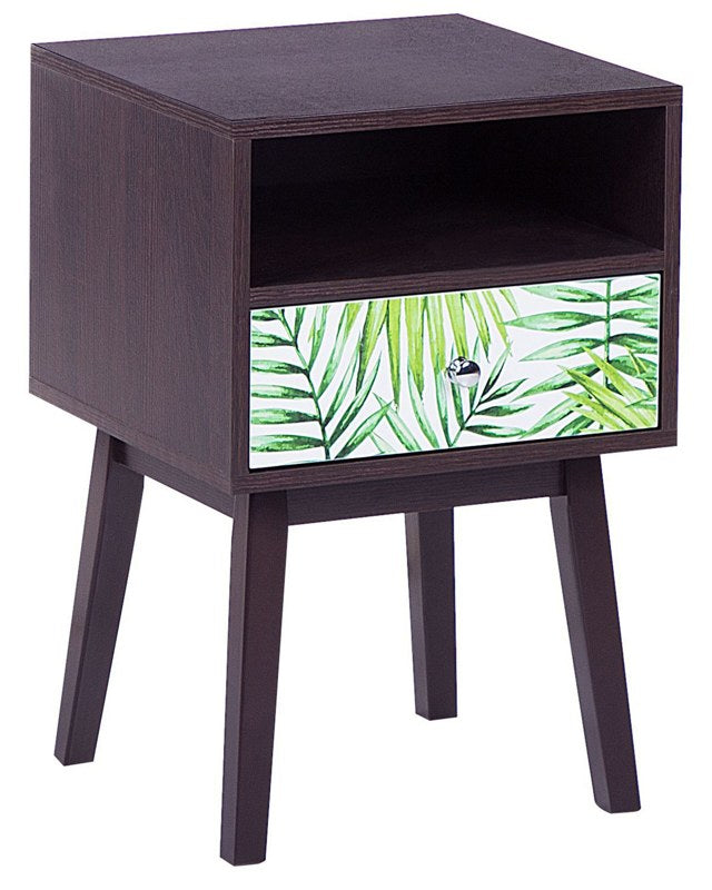 Bedside Table Nightstand Dark Wood with Floral Pattern 1 Drawer Manufactured Wood Modern Design Beliani