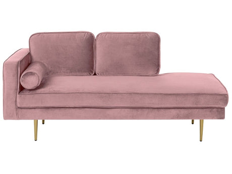 Chaise Lounge Pink Velvet Upholstered Left Hand Orientation Metal Legs Bolster Pillow Modern Design Beliani