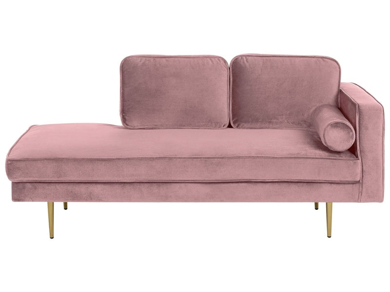 Chaise Lounge Pink Velvet Upholstered Right Hand Orientation Metal Legs Bolster Pillow Modern Design Beliani