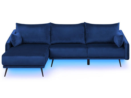 Corner Sofa Navy Blue Velvet with LED Lights Right Hand L-Shaped 3 Seater with Chaise Longue Metal Legs Modern Living Room Beliani