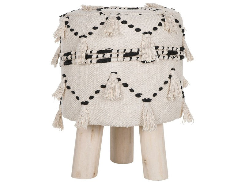 Footstool Beige with Black Decorative Cotton Knit Wooden Legs Decorative Tassels Boho Design Beliani