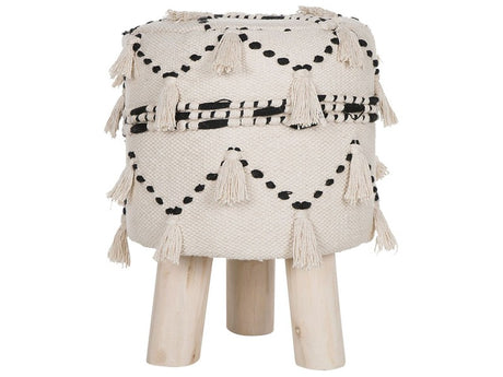 Footstool Beige with Black Decorative Cotton Knit Wooden Legs Decorative Tassels Boho Design Beliani