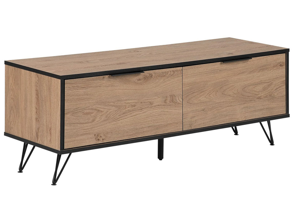 TV Stand Light Wood Particle Board Metal Legs for up to 55 TV Modern Media Unit with 2 Cabinets Cable Management Beliani