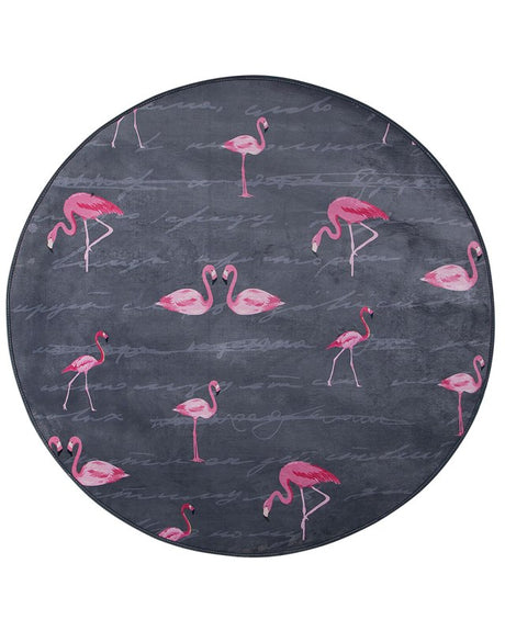 Round Rug Grey and Pink Printed Flamingos ø 120 Low Pile for Children Beliani