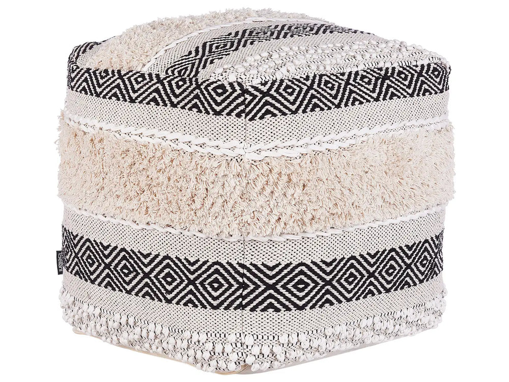 Pouffe Light Beige Cotton Black Geometric Pattern Boho Style Beliani