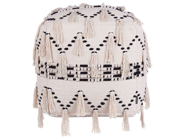 Pouffe Beige with Black Cotton Knit Decorative Tassels Boho Design Beliani