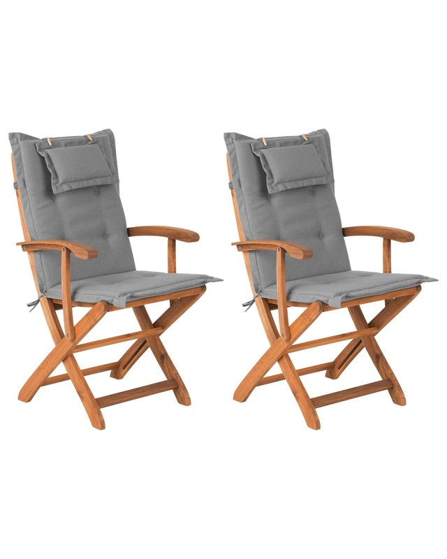 Set of 2 Garden Dining Chairs Light Wood with Grey Cushion Acacia Wood Frame Folding Rustic Design Beliani