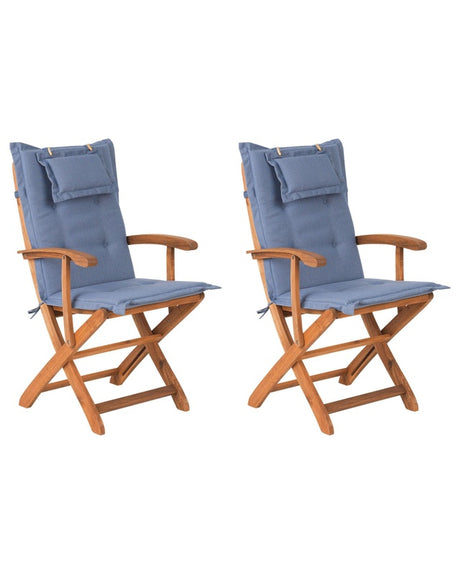 Set of 2 Garden Dining Chairs Light Wood with Blue Cushion Acacia Wood Frame Folding Rustic Design Beliani