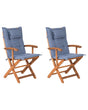 Set of 2 Garden Dining Chairs Light Wood with Blue Cushion Acacia Wood Frame Folding Rustic Design Beliani